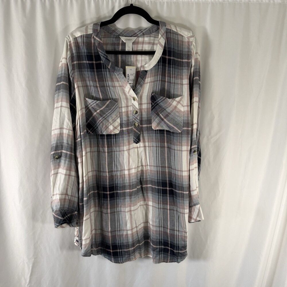 New CJ Banks Blouse Women's 16/18W 1X Pink Black Plaid V-Neck Lightweight